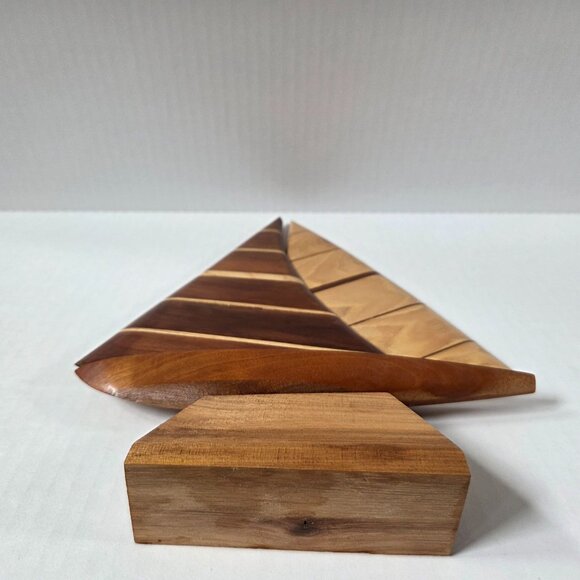 Handmade Striped Wood Sailboat Sculpture Nautical Beach Decor - Picture 5 of 6